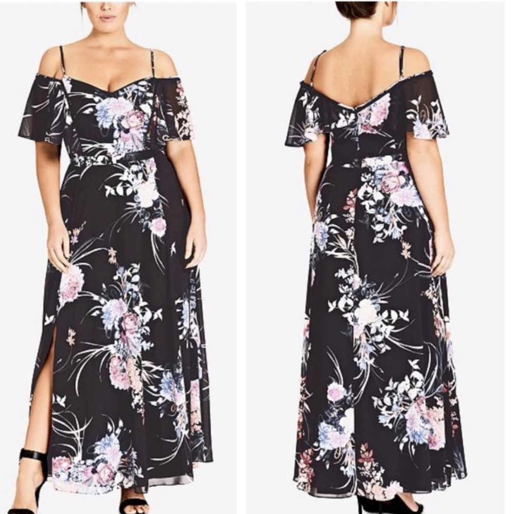 City Chic Black Floral Cold-Shoulder Maxi Dress - Picture 2 of 6